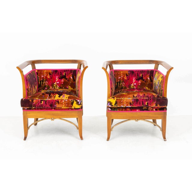 Pair of Art Deco Abstract Landscape Scene Pattern Velvet Upholstered Arm Chairs, with giltwood accents. 29" H x 27.5" W x...