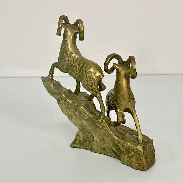1970s Mid-Century Rustic Arts & Crafts Big Horn Sheep Brass Sculpture For Sale - Image 9 of 11