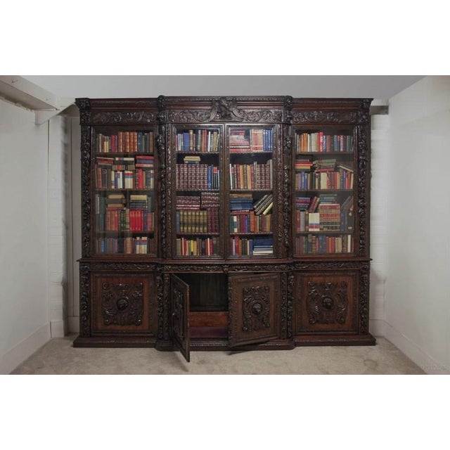 Victorian Carved Oak Breakfront Bookcase, 1870s For Sale - Image 6 of 18