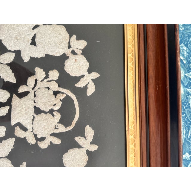Textile Victorian Pin Prick Flower Basket Folk Art Black Velvet Deep Well Frame For Sale - Image 7 of 12