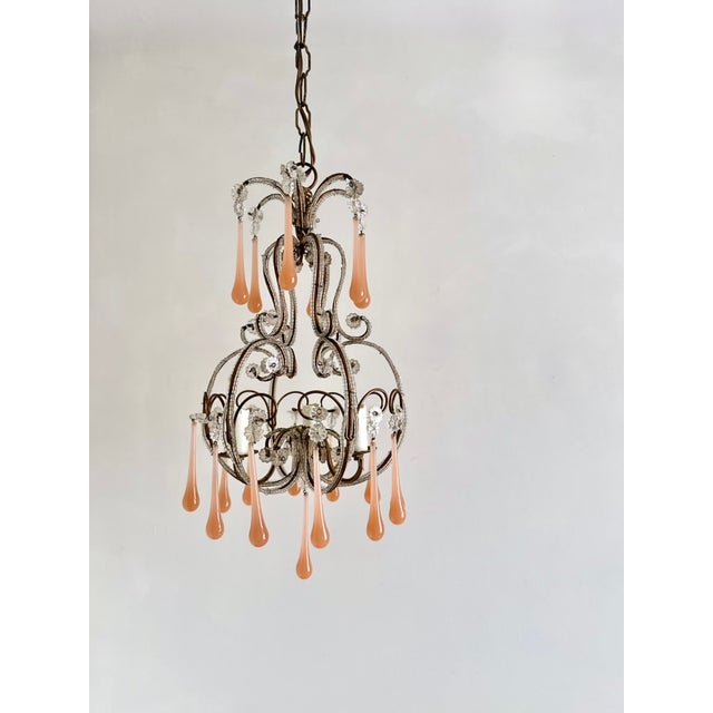 Gold Venetian Style Beaded Brass Chandelier with Pink Murano Glass Drops, Italy, 1950s For Sale - Image 8 of 18