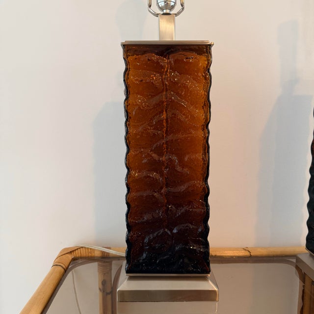 Mid-Century Modern Amber-Brown Textured Wavy Glass Table Lamps in the Mid-Century Modern Taste - A Pair For Sale - Image 3 of 9