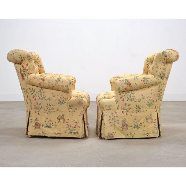 Wood Pair of Tufted Lounge Chairs + Ottoman in Butter Print Fabric For Sale - Image 7 of 18