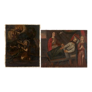 19th Century Spanish Colonial Cuzco School Paintings, John the Baptist & Death of Joseph - Set of 2 For Sale