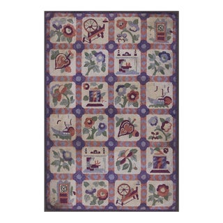 1930s Small Multicolor Geometric Roses Folk Art Antique American Hooked Wool Rug For Sale