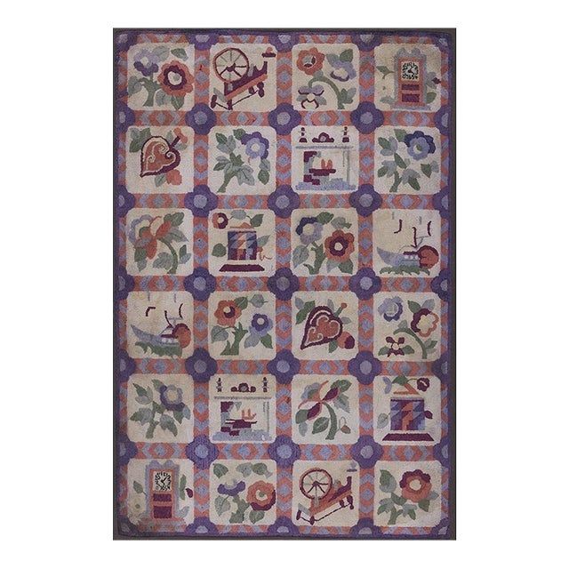 1930s Small Multicolor Geometric Roses Folk Art Antique American Hooked Wool Rug For Sale