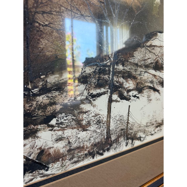 1970s Dennis Frings Mixed-Media Winter Landscape Lithograph- Original Loma Studio Label For Sale - Image 4 of 8