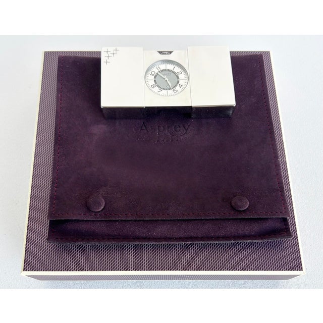 Asprey & Co. Asprey London Swiss Made Clic Clac Travel Clock, Original Box and Suede Pouch For Sale - Image 4 of 11