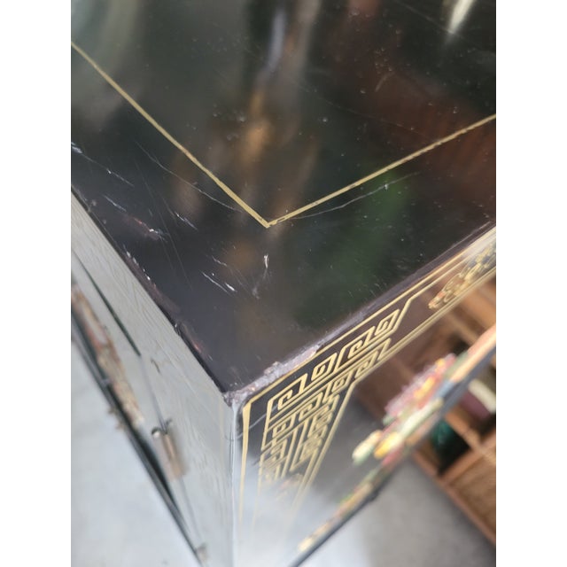 Wood Vintage Chinoiserie Black Lacquered Large 4 Door Soapstone Decorative Storage Cabinet For Sale - Image 7 of 18