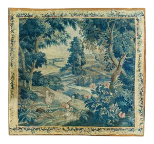 Antique 18th Square Century Flemish Verdure Green Landscape with Birds Tapestry