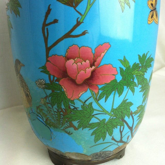 Metal 1910s Blue Floral Bird Cloisonne Vase For Sale - Image 7 of 12