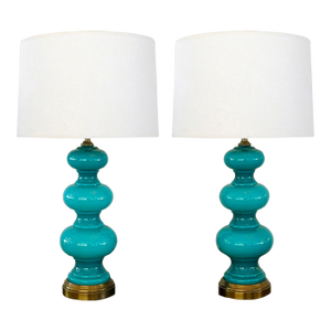 Vintage Pair Triple-Gourd Teal Cased-Glass Lamps