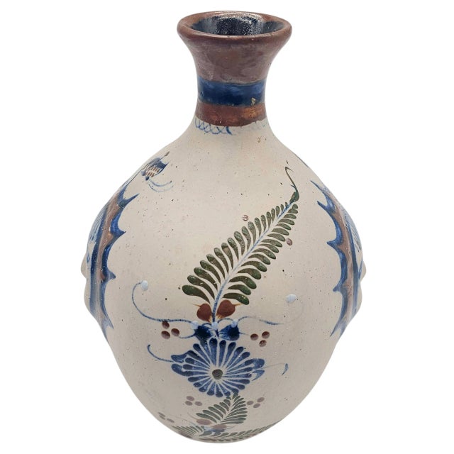 Ceramic VTG Tonala Folk Art Pottery Vase Bottle Sun Face Hand Painted Mexico 9.5" For Sale - Image 7 of 10
