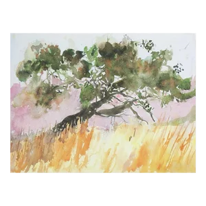 Contemporary Impressionist Lone Tree Landscape Watercolor Painting