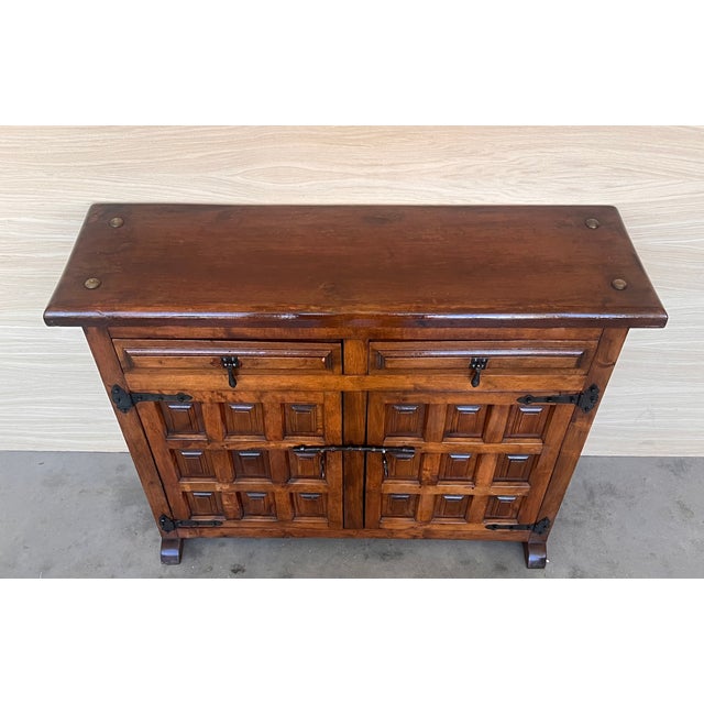 19th Spanish Baroque Carved Walnut Tuscan Two Drawer Credenza or Buffet For Sale - Image 6 of 9