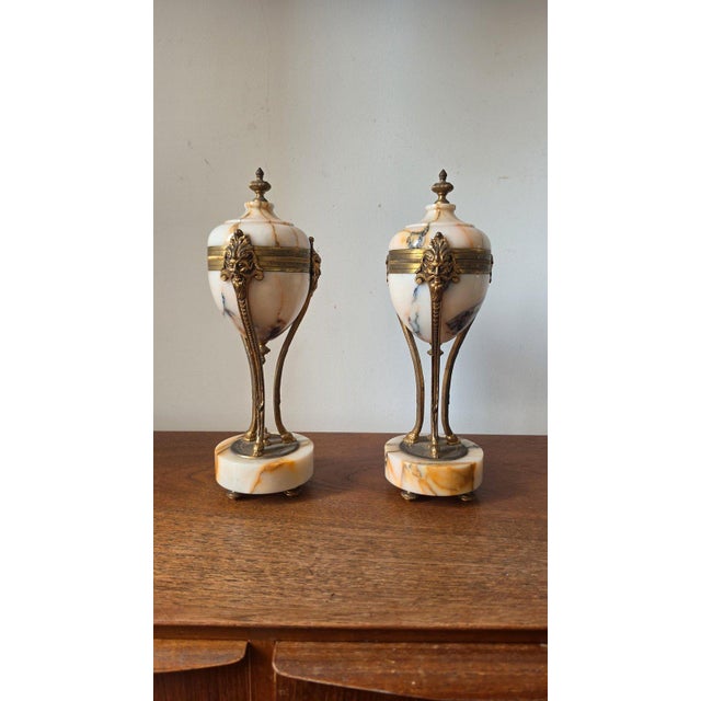Pair Antique French Marble & Bronze Urns Neoclassical Cassolettes Empire Garniture Mantel Decor Lidded Decorative Urns For Sale - Image 10 of 14