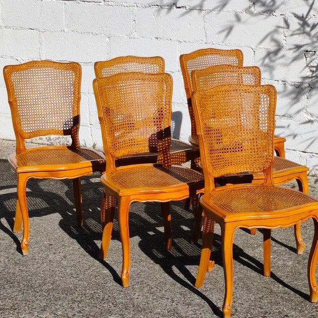French Provincial Louis XV Style Cane and Cherrywood Dining Chairs, Set of 6 For Sale - Image 3 of 18