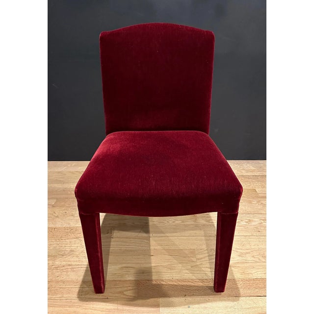 14 available. Custom and finely upholstered , simple and tailored burgundy color mohair dining room chairs. Comfortable...
