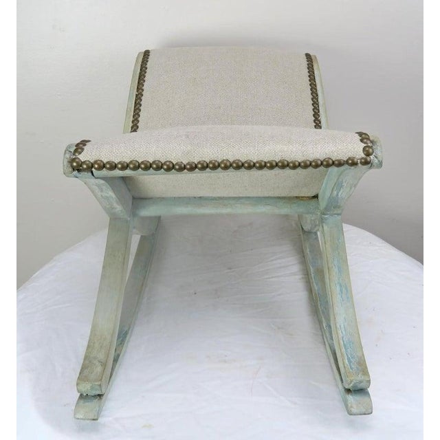 Swedish Painted "X" Rocking Bench With Linen Upholstery, Circa 1930s For Sale - Image 4 of 7