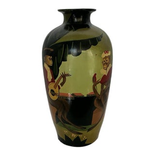 Circa 1940 Hand Painted Ceramic Vase 10.5” Monkey Musicians Chinoiserie China For Sale