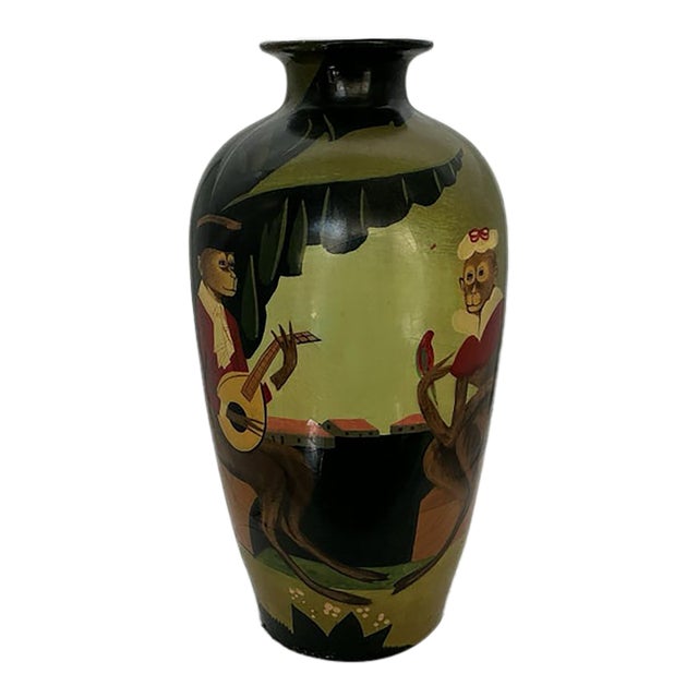 Circa 1940 Hand Painted Ceramic Vase 10.5” Monkey Musicians Chinoiserie China For Sale