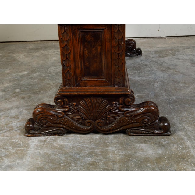 Italian 1800s Walnut Trestle Base Table with Two Drawers and Carved Motifs For Sale - Image 11 of 12
