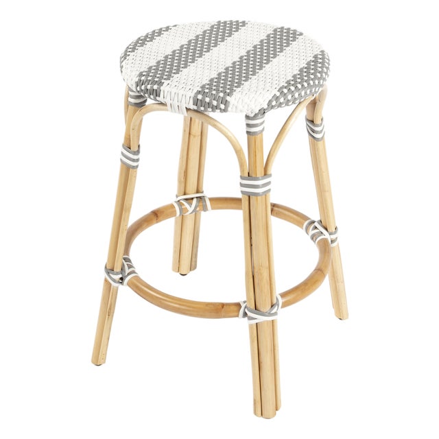 Tobias 24 in. Seat Height Round Rattan Backless Counter Stool, Gray/White Stripe/ Natural Rattan Frame For Sale