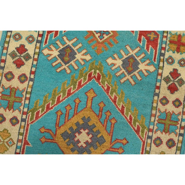 Kazak Runner 2’2” X 6′ Blue Wool Tribal Hand-Knotted Oriental Rug For Sale - Image 4 of 12