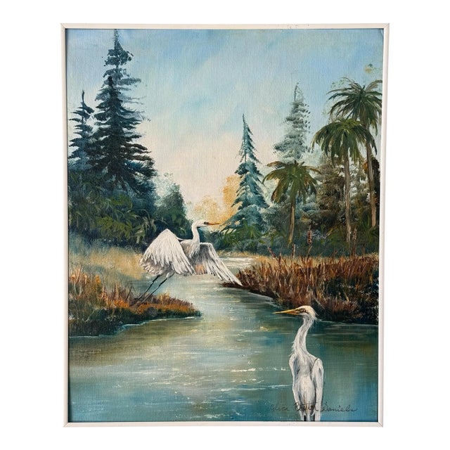 Vintage Old Florida Egret Landscape Painting by Debra Pate Daniels For Sale