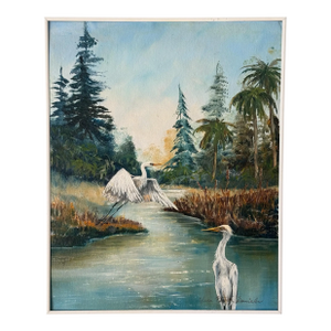 Vintage Old Florida Egret Landscape Painting by Debra Pate Daniels
