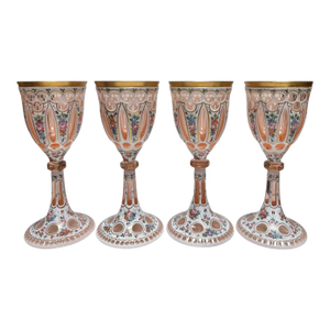 Set of 4 Moser Bohemian Enameled Cut Crystal White Wine Stem Glasses