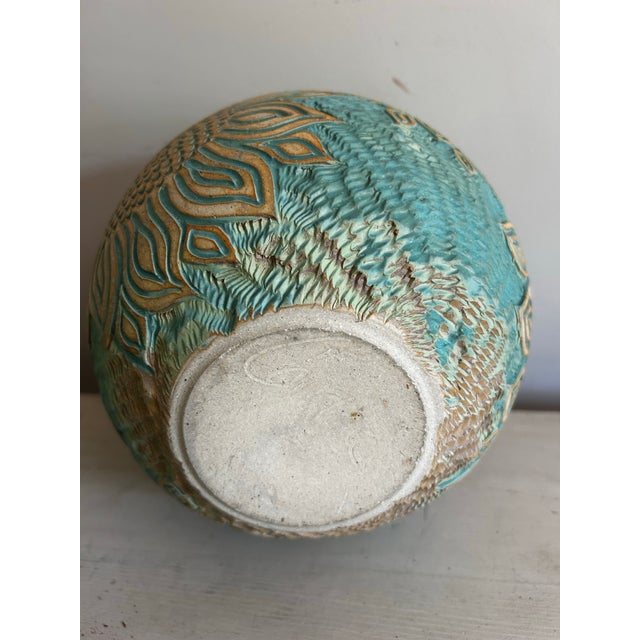 Vintage Large Blue Studio Pottery Vase With Sunflower Relief Pattern For Sale - Image 9 of 10