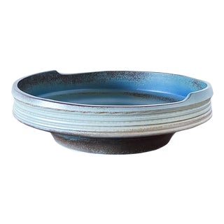 Mid-Century Large Japanese Ikebana Pottery Center Bowl / Vase in Blue and Brown Ombre Glaze in Ribbed A-Symmetrical Design For Sale