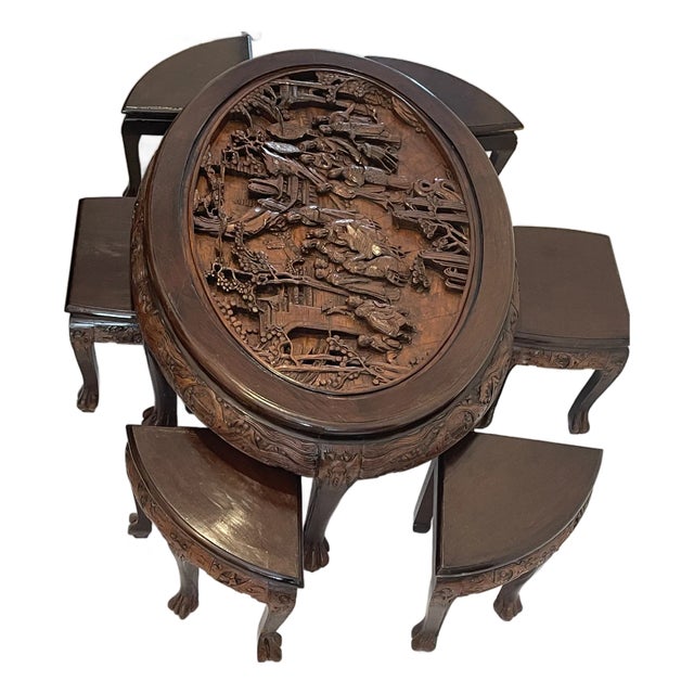 Vintage Chinese Chinoiserie Carved Coffee Table and 6 Chairs For Sale