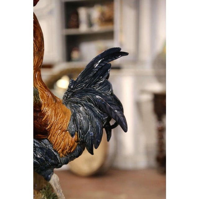 Blue 19th Century French Painted Faience Rooster With Vase Signed Paul Comolera For Sale - Image 8 of 12