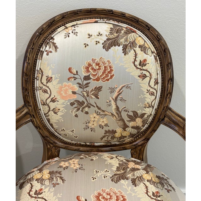 Vintage Louis XVI Style Carved Wood Fauteuil Armchairs in Floral Chinoiserie Upholstery - A Pair For Sale - Image 10 of 18