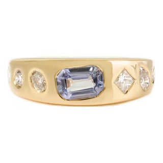 Gypsy Set 18k Gold Blue Sapphire Diamond Cocktail Wedding Band Size 6.5 For Sale