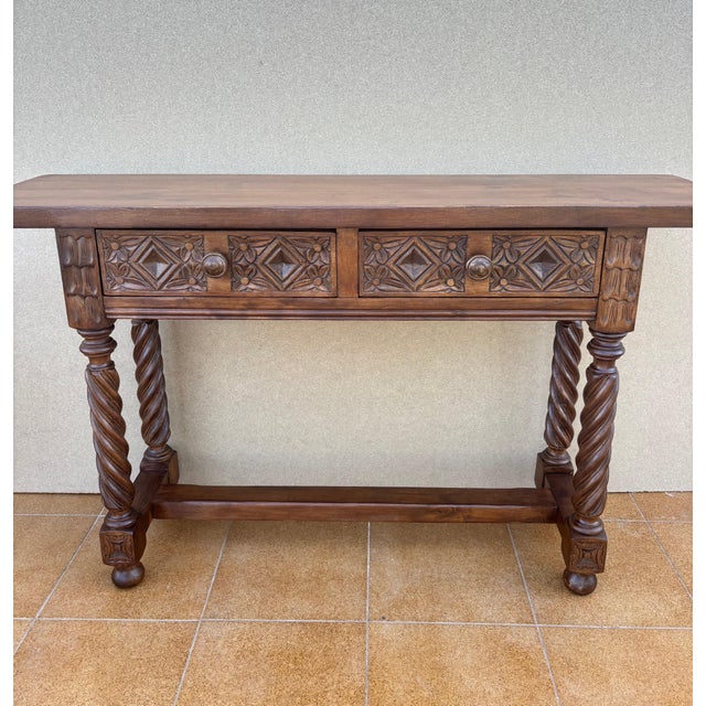 1930s Spanish Carved Console Table with Barley Twist Legs and Two Drawers, 1930s For Sale - Image 5 of 12