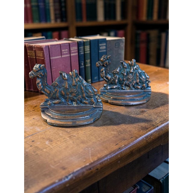 Art Deco Antique 1925 Cast Iron Copper Camel Bookends For Sale - Image 3 of 7