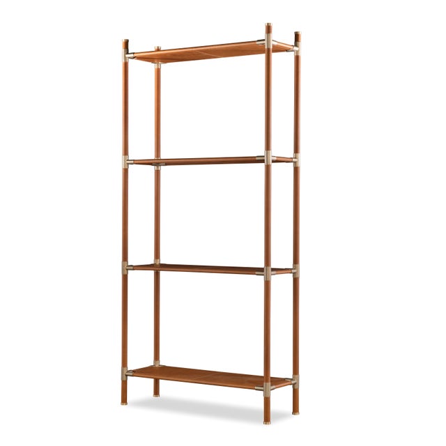 Four leather shelves attached to four leather wrapped posts with steel connectors