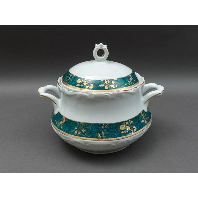 Cocema Fes Morocco Prestige Design Green & Gold Porcelain Covered Soup Tureen. Measures approximately 10 3/4" long, 8 5/8"...
