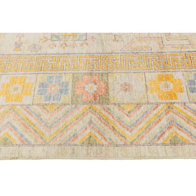 Textile Modern Khotan Style Hand-Knotted Wool Rug - Pastel Geometric Medallion Design For Sale - Image 7 of 11