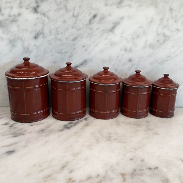Brown Set of Five French Reddish Brown Enamel Kitchen Canisters With Original Lids For Sale - Image 8 of 18