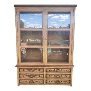 Vintage Dupuis Mexico Artisan Carved Distressed Pine Hutch & Buffet Cabinet For Sale