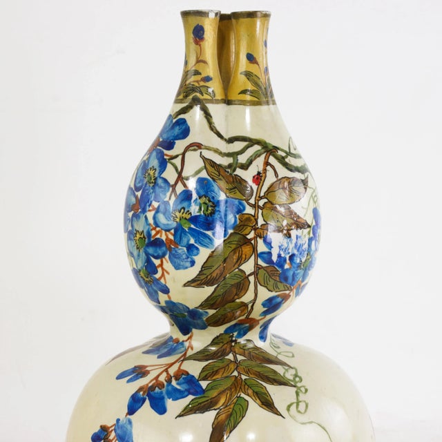Cream Vintage Chinese Gourd-Shaped Porcelain Vase With Hand-Painted Wisteria and Butterfly For Sale - Image 8 of 15