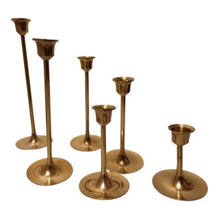 Mid 20th Century Mid-Century Graduated Tulip-Based Brass Candlesticks- Set of 6 For Sale