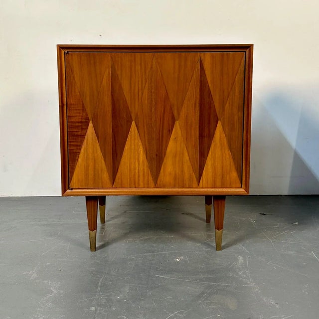 Pair of Danish Mid-Century Modern Style Geometric Nightstands, Walnut, Brass For Sale - Image 9 of 13