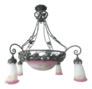 Signed Muller Freres Art Deco Pink Art Glass & Wrought Iron Chandelier