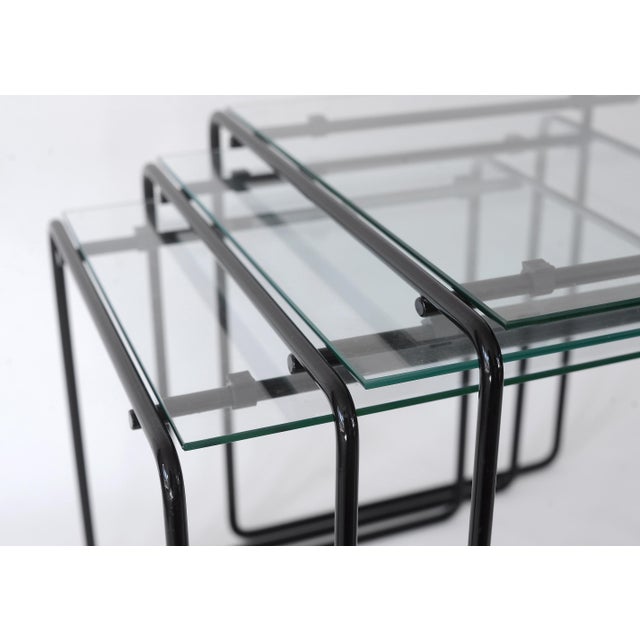 Metal Vintage 80s Postmodern Black Metal & Glass Nesting Tables - Set of 3 For Sale - Image 7 of 17