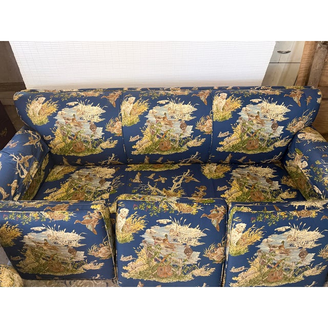 Vintage Bench-Made 3-Piece Living Room Set in Schumacher "Dog & Duck" Indigo Linen – Sofa & 2 Matching Chairs For Sale - Image 16 of 18